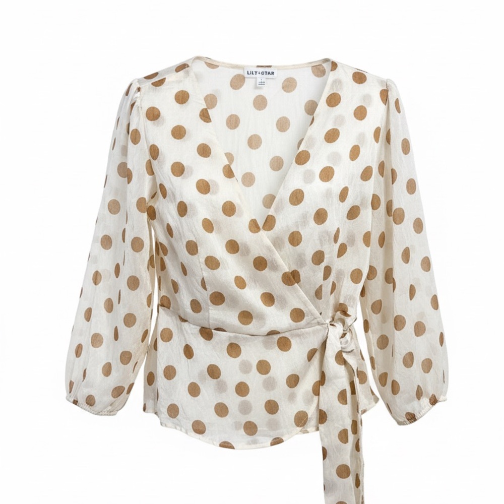 Cream Wrap Blouse with Tan Polka Dots